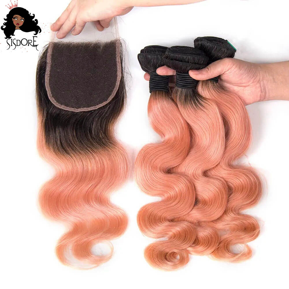 Ombre Rose Gold Body Wave Hair Bundles with 4x4 Closure  display picture 1