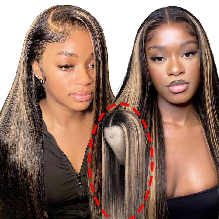 1B/27 Highlight Straight Wig | Black Hair Wig with Blonde Streaks