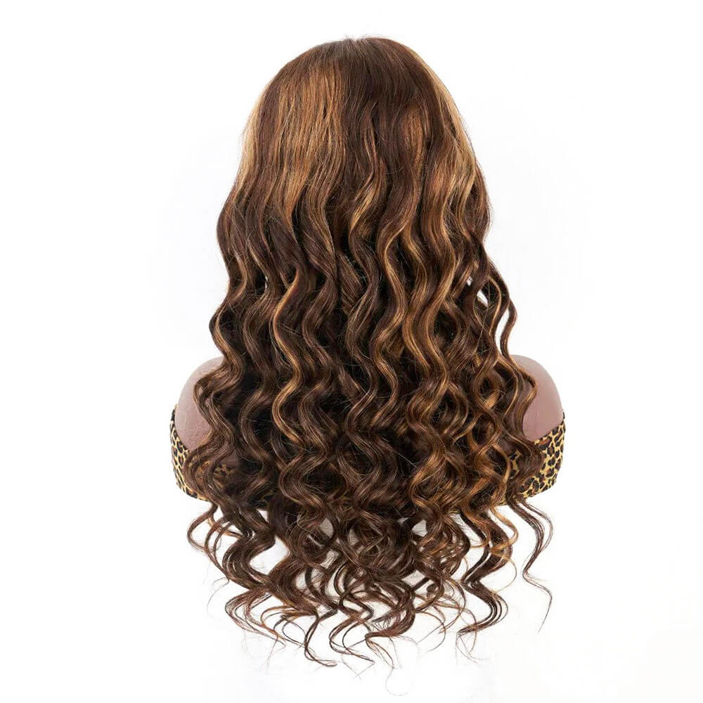 4/27 loose wave human hair wig -brown with blonde highlights