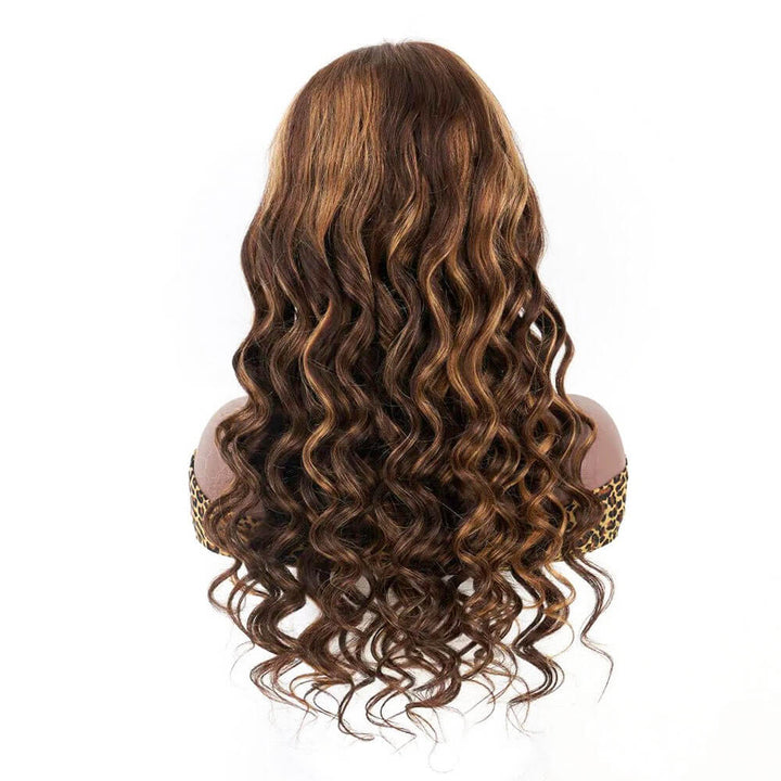 4/27 loose wave human hair wig -brown with blonde highlights