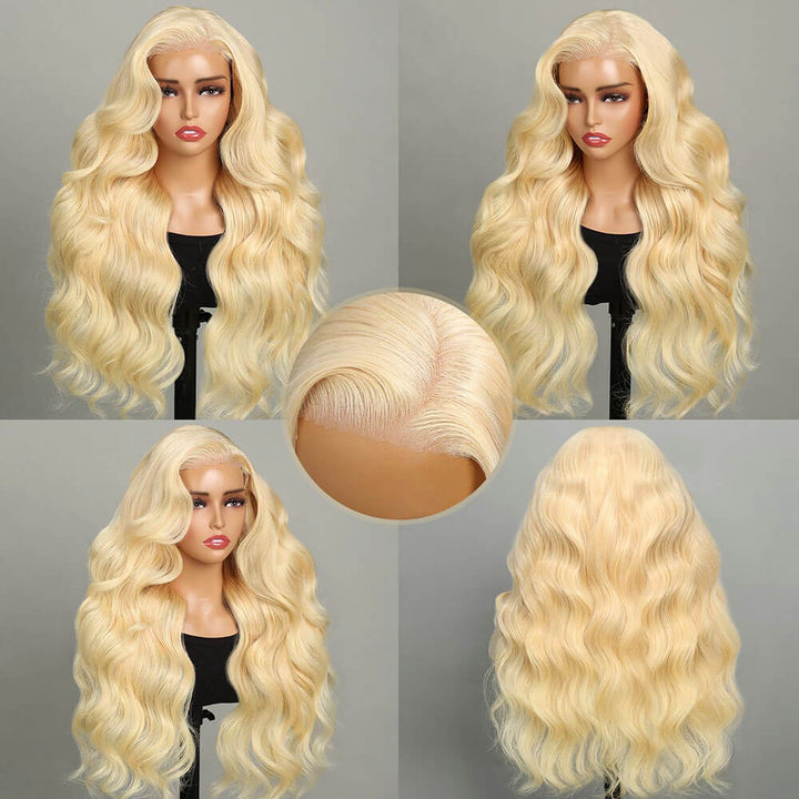 #613 blonde body wave human hair 210% density glueless pre-cut HD lace wig with natural hairline