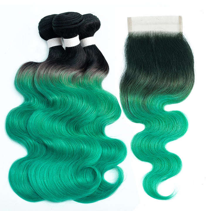 1B Green body wave 3 bundles with lace closure (colored hair with black roots)