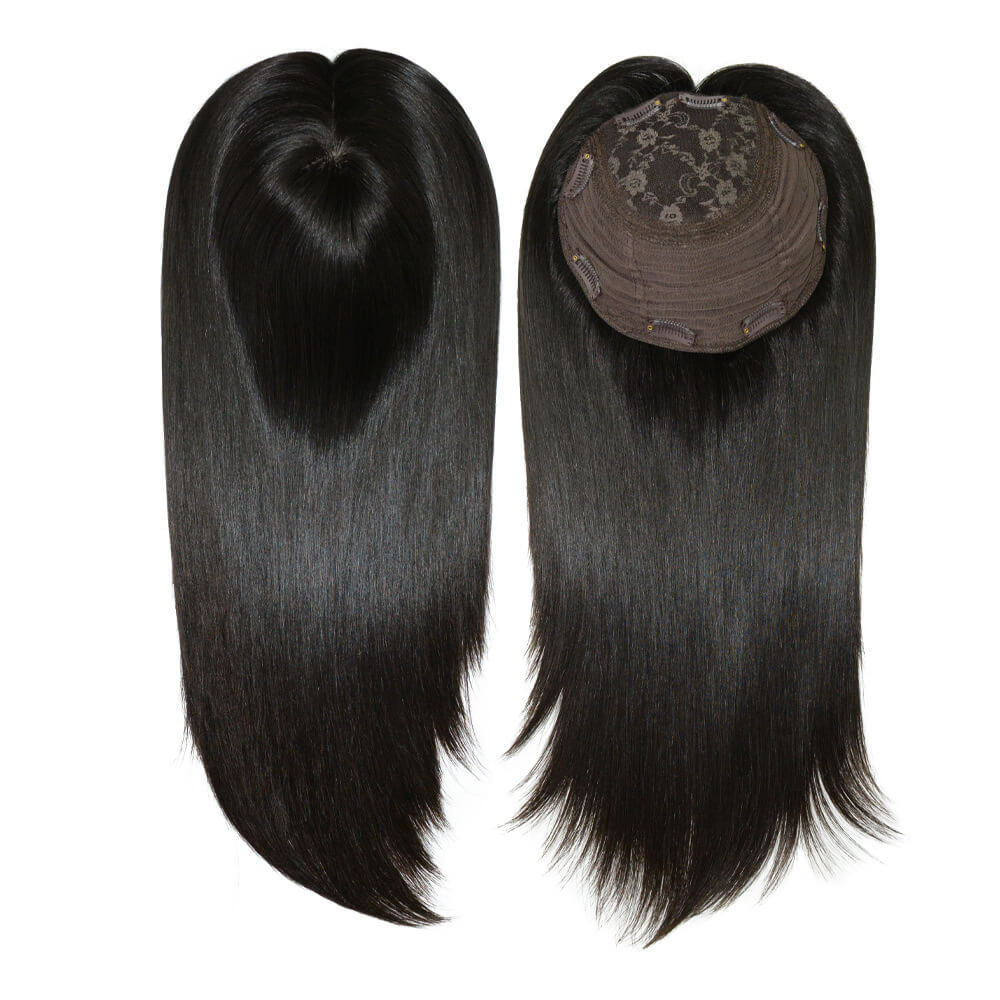 Black straight hair topper with flower net and 8 clips