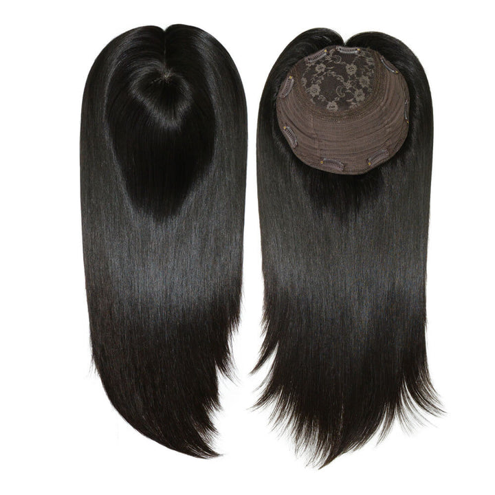 Black straight hair topper with flower net and 8 clips