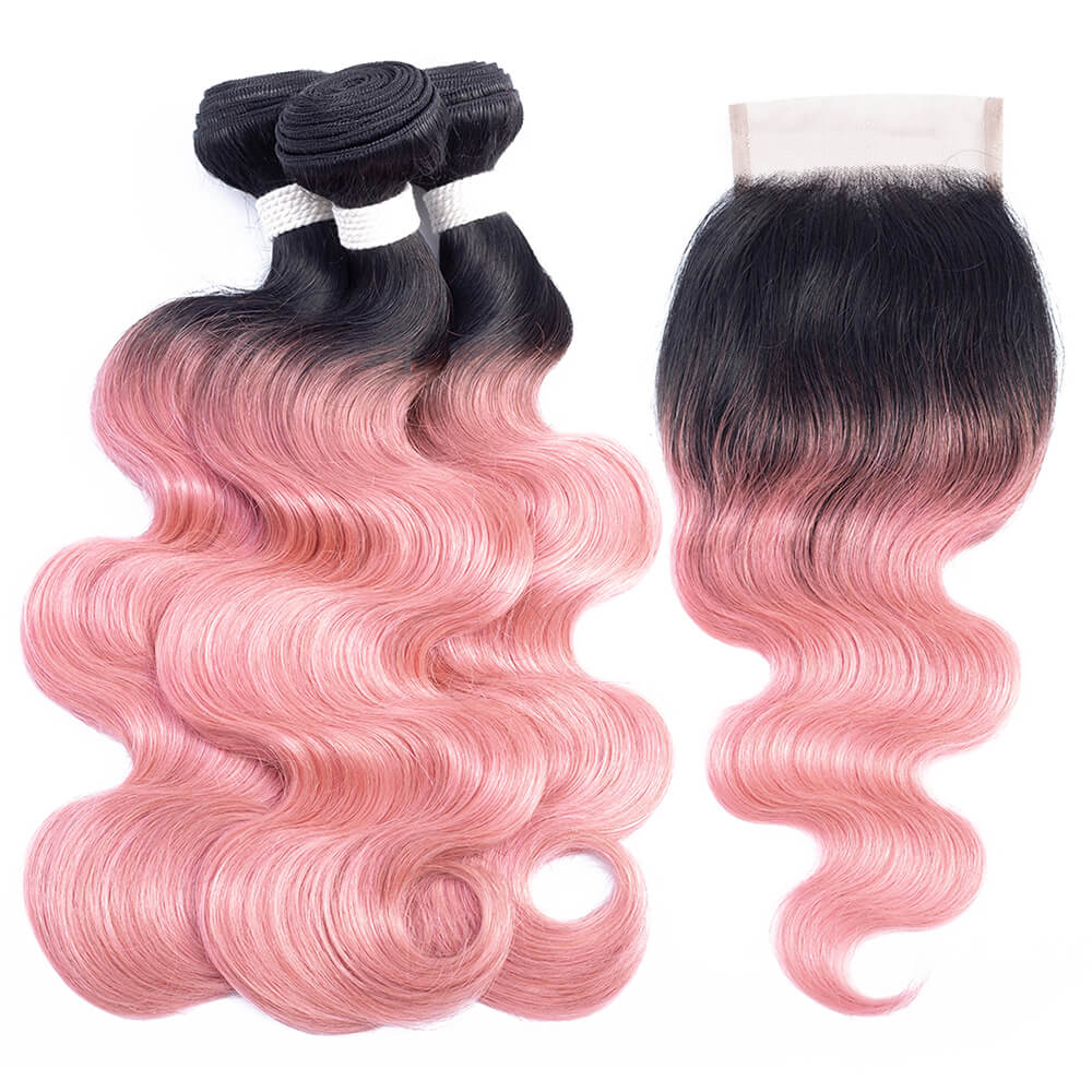1B pink body wave 3 bundles with lace closure (colored hair with black roots)