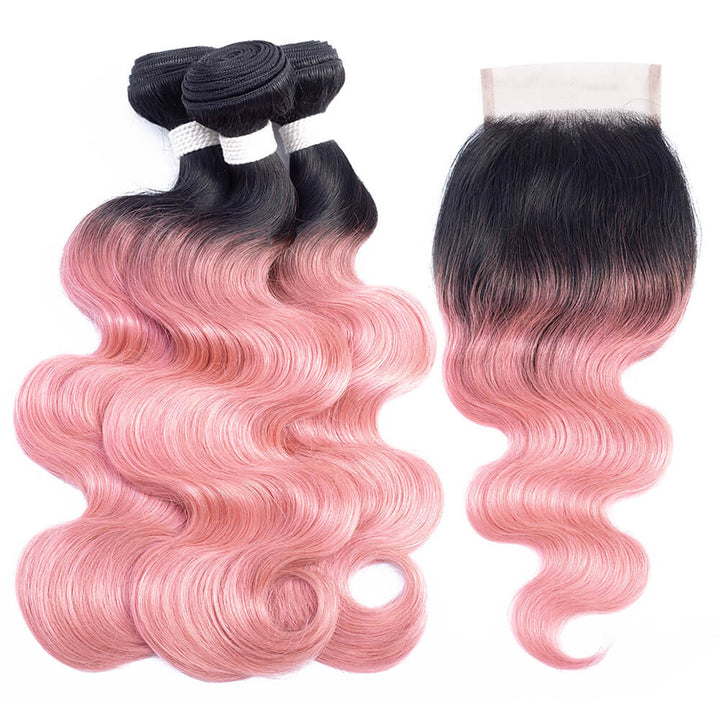 1B pink body wave 3 bundles with lace closure (colored hair with black roots)