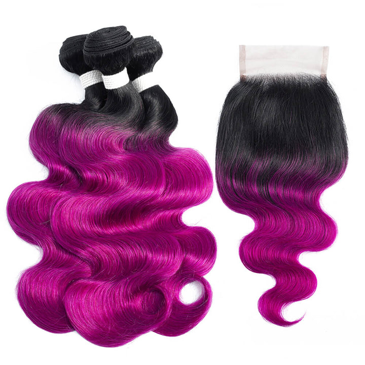 1B purple body wave 3 bundles with lace closure (colored hair with black roots)