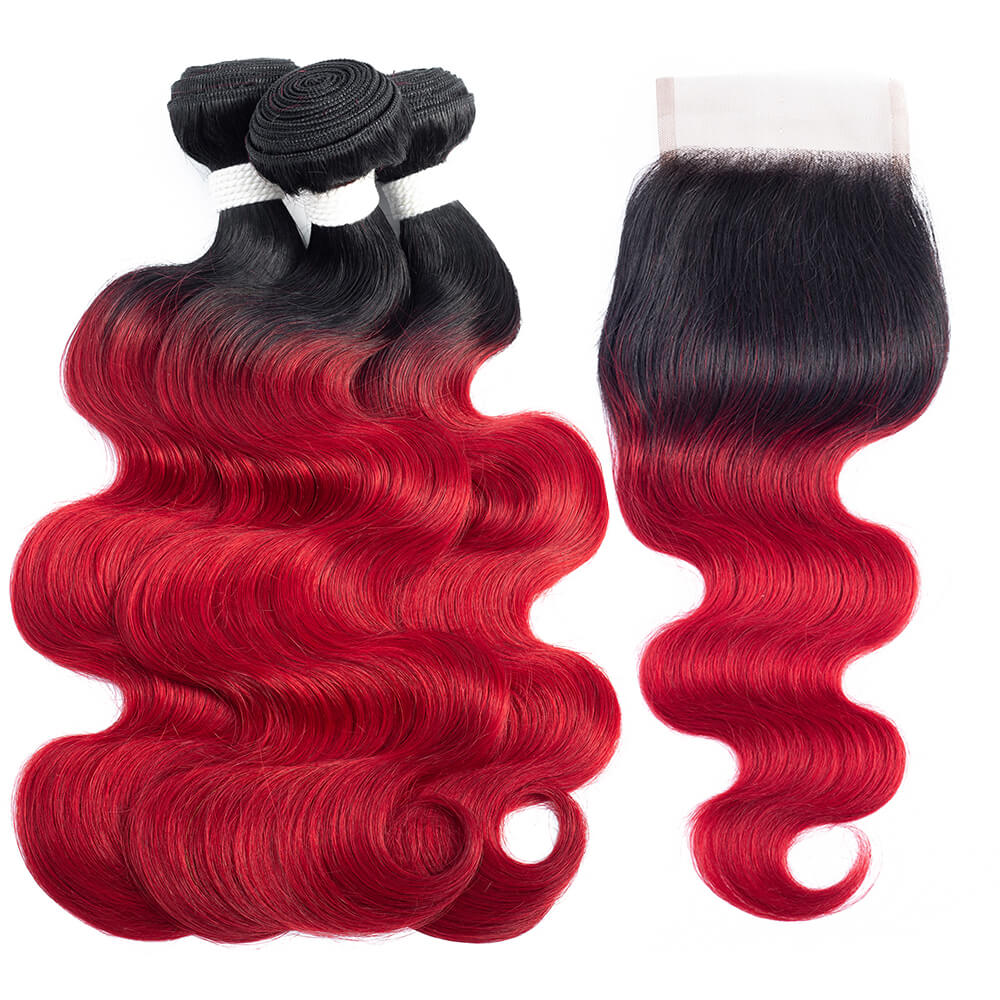 1B red body wave 3 bundles with lace closure (colored hair with black roots)
