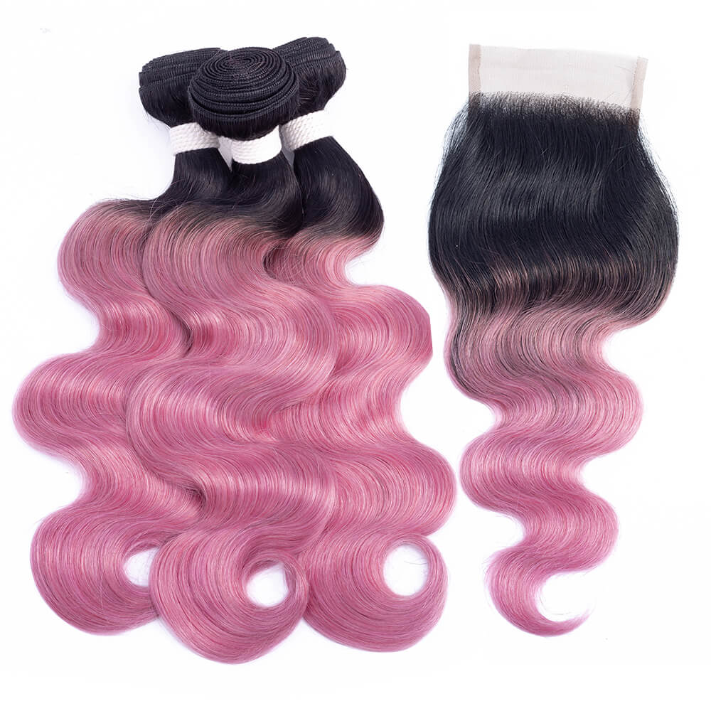 1B rose gold body wave 3 bundles with lace closure (colored hair with black roots)