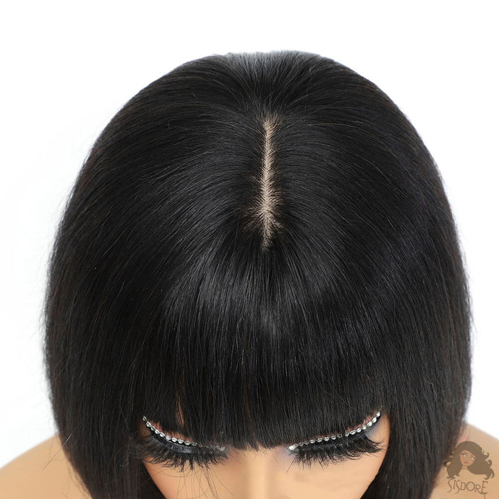 Bob wig with bangs black straight hair with natural seam #color_natural-color-bob