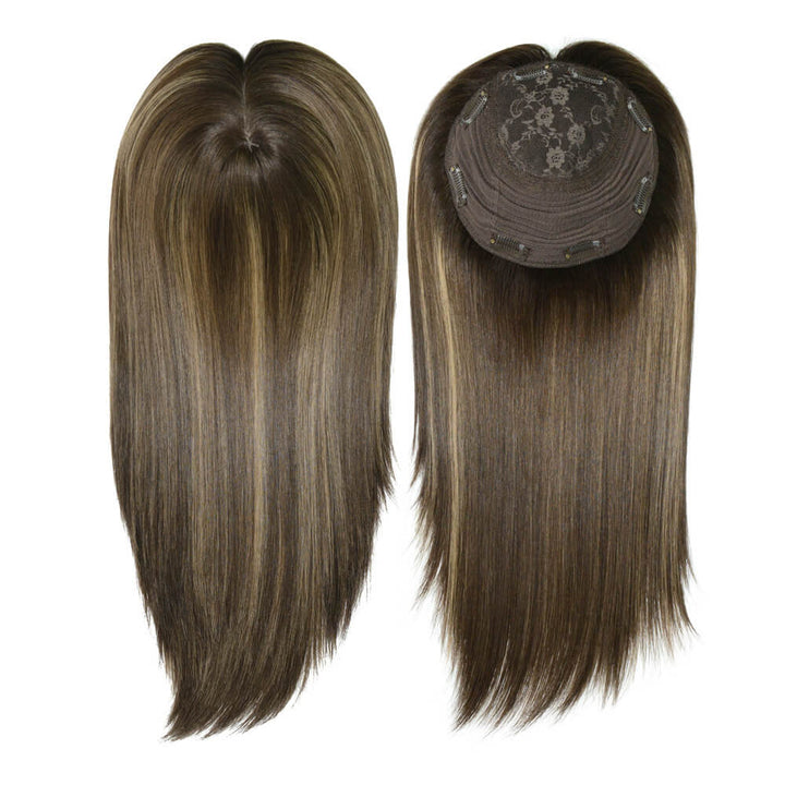 brown hair topper with blonde highlights, Jewish flower net with clips