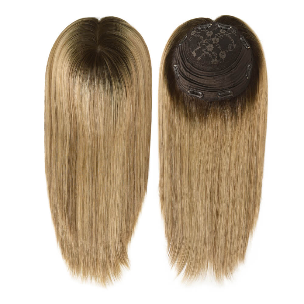 blonde hair topper with brown roots, Jewish silk base