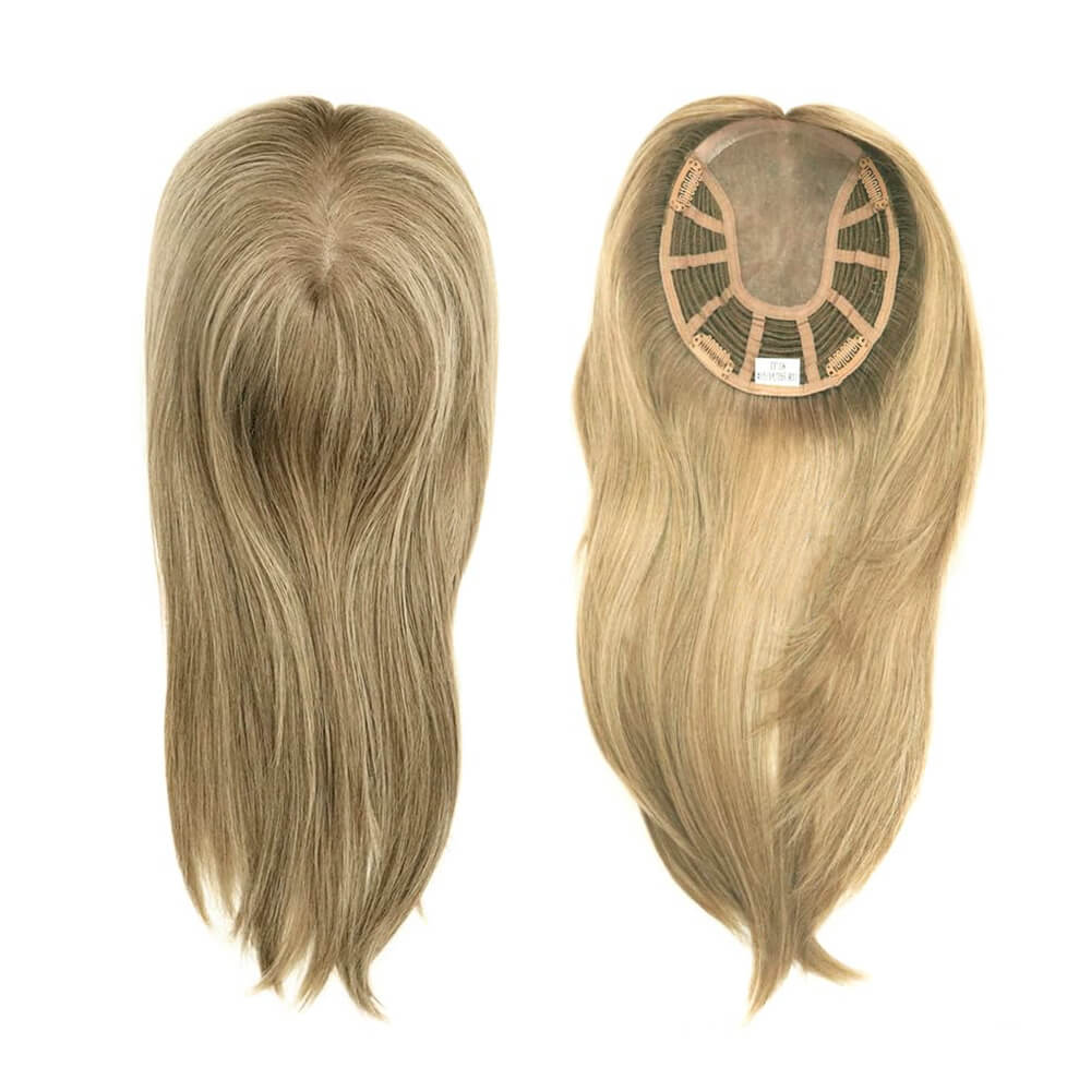 mono base hair topper with ash blonde highlights color