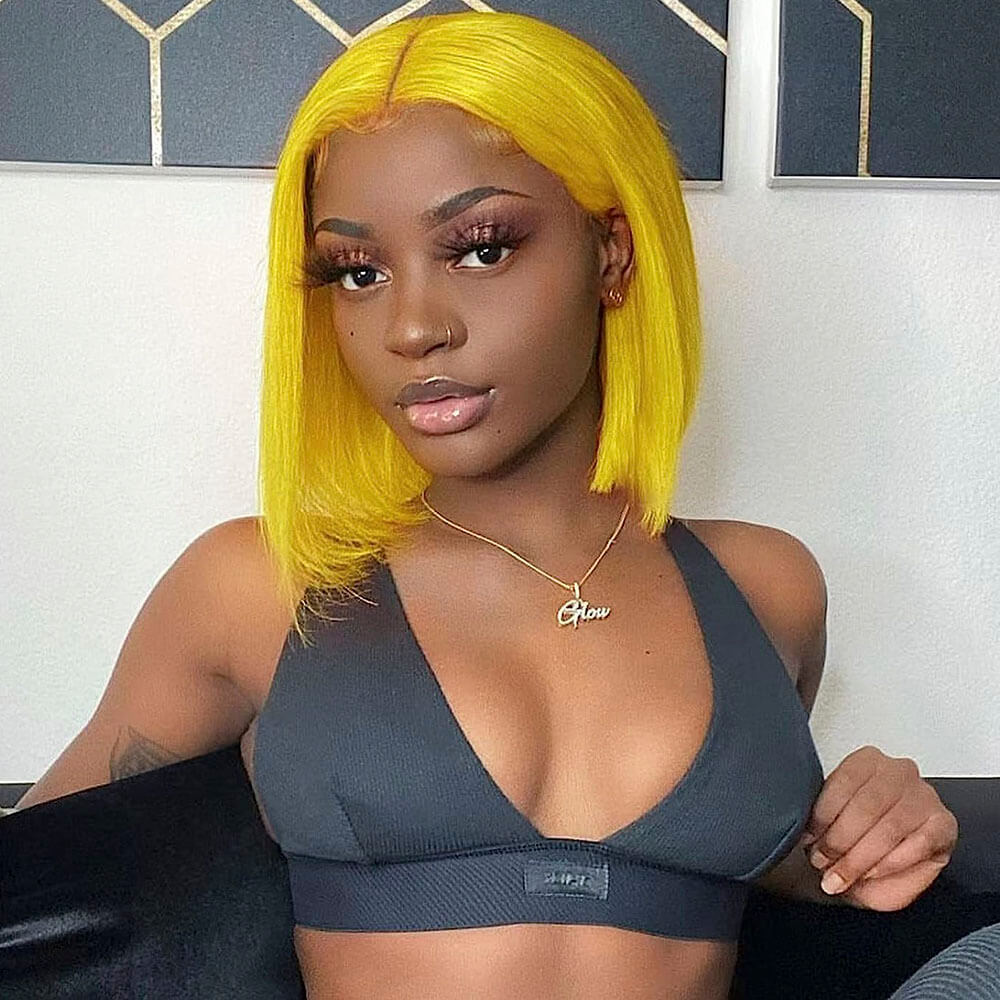 Yellow Bob Wig, Short Yellow Human Hair Wigs For Black Women  display picture 1