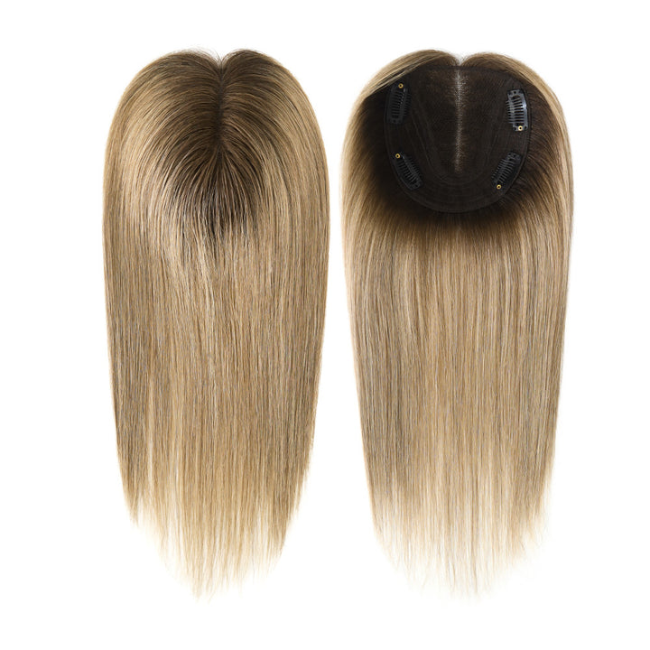 dark blonde hair topper with brown roots, 4 black clips on lace base