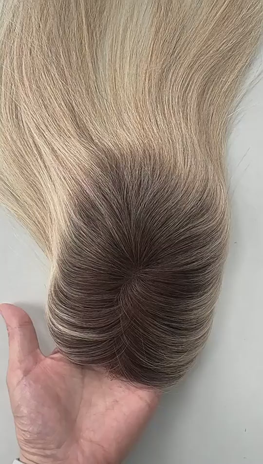 blonde straight  hair piece with brown roots, 4 clips on lace base
