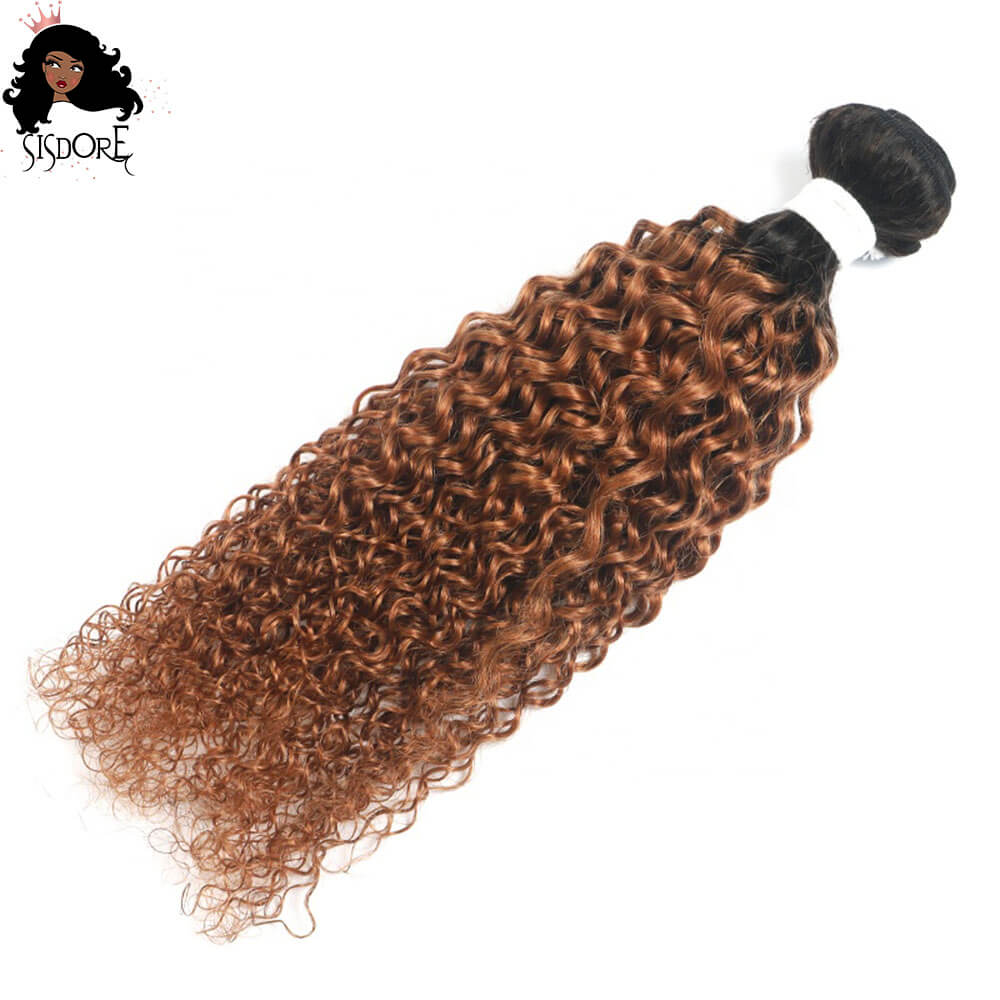 Kinky curly ombre hair bundles, 1B/30 auburn Brazilian weaves