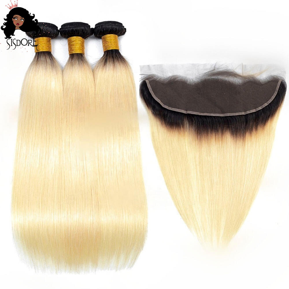 1B 613 Straight Human Hair Bundles with 13x4 Lace Frontal - Light Blonde with Black Roots