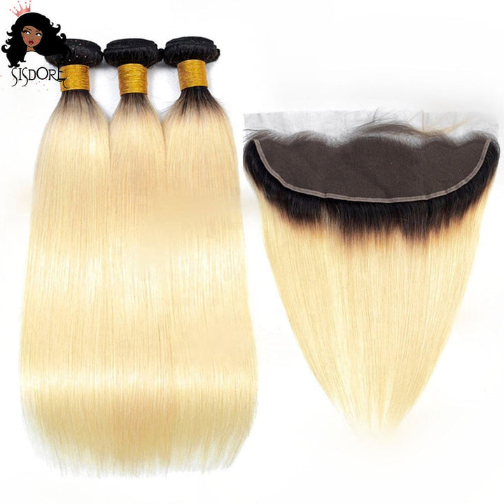 1B 613 Straight Human Hair Bundles with 13x4 Lace Frontal - Light Blonde with Black Roots