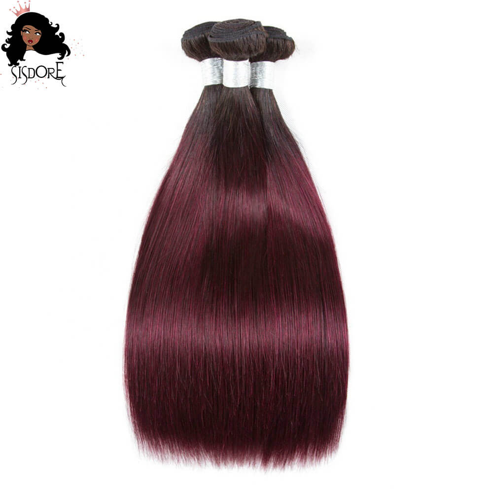 Burgundy straight hair bundles 1b/99j dark wine color with black roots