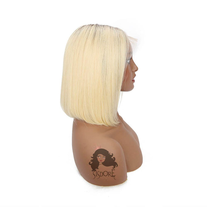1B 613 Blonde Straight Human Hair With Dark Roots Short Bob Lace Wigs