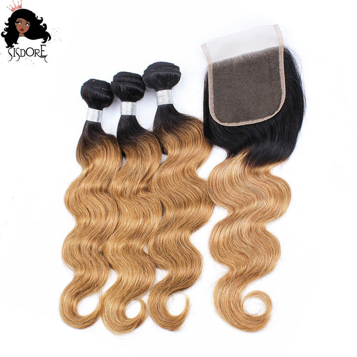 1B/27 Honey Blonde with Black Roots Ombre Body Wave Hair Bundles and 4x4 Lace Closure