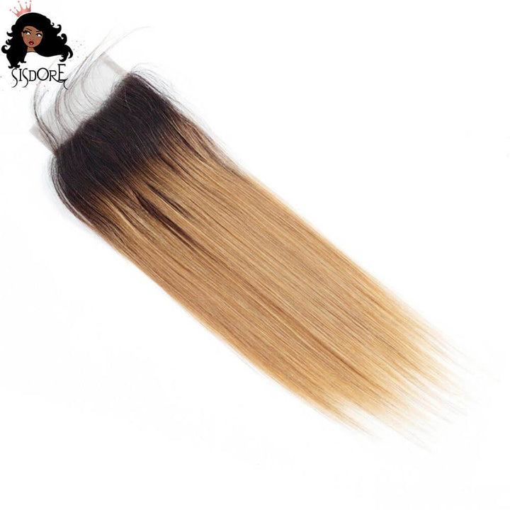 1B 27 Ombre strawberry blonde with black roots straight closure