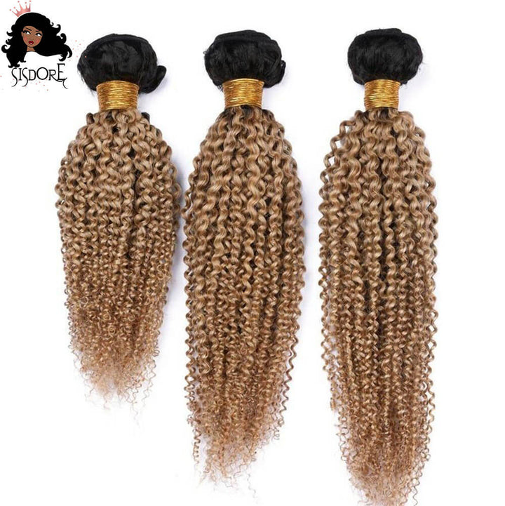 1B/27 ombre kinky curly hair bundles - strawberry blonde with black roots