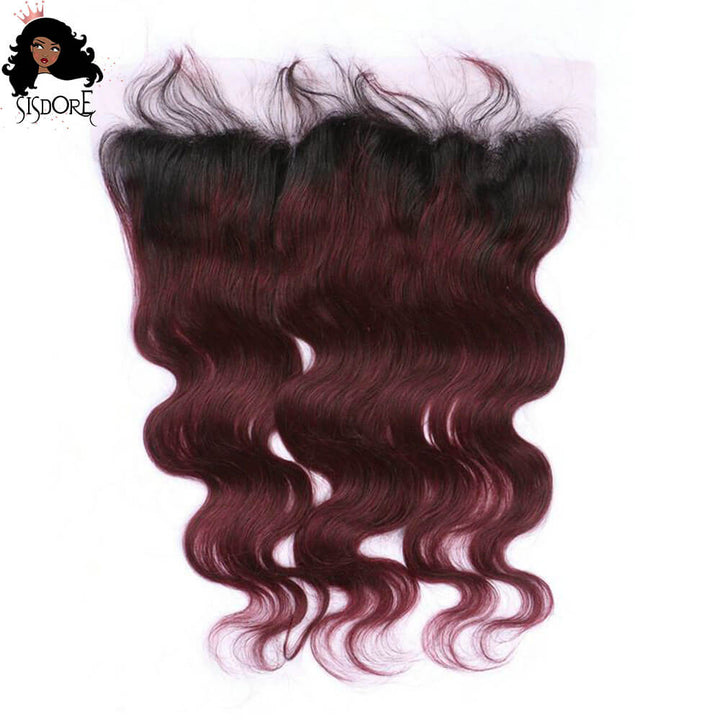 1B 99J body wave 13x4 lace frontal - Ombre burgundy with black roots