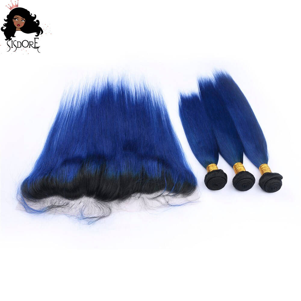 1B blue hair bundles with frontal straight human hair