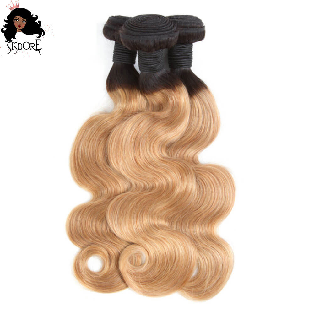1b 27 two tone strawberry blonde with black roots body wave human hair weaves 3 bundles