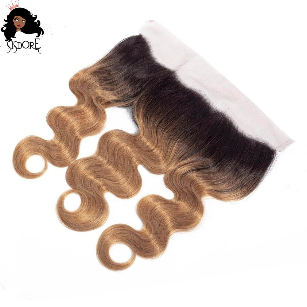 1b 27 two tone strawberry blonde with black roots body wave human hair lace frontal