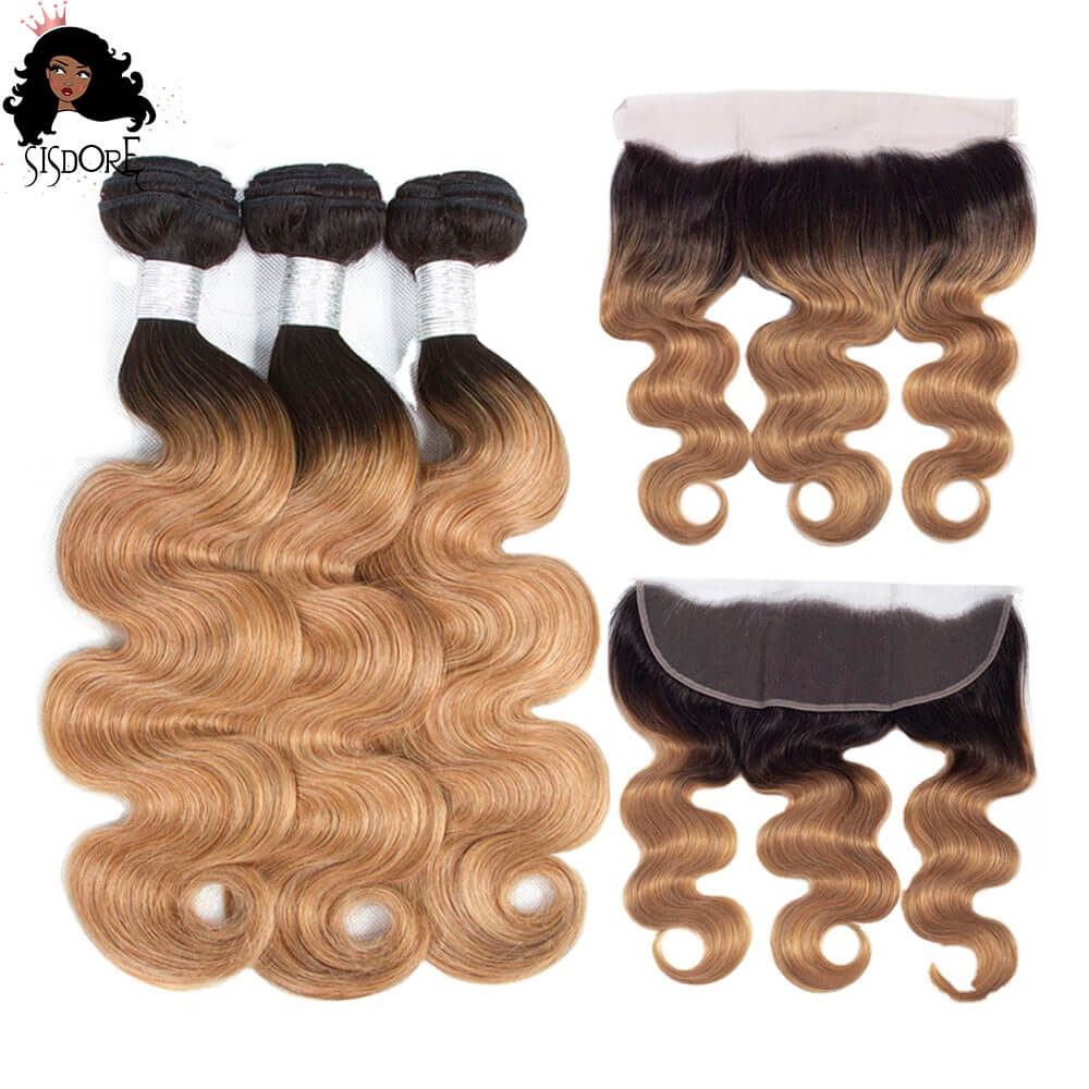 1b 27 two tone strawberry blonde with black roots body wave human hair weaves with 13x4 lace frontal