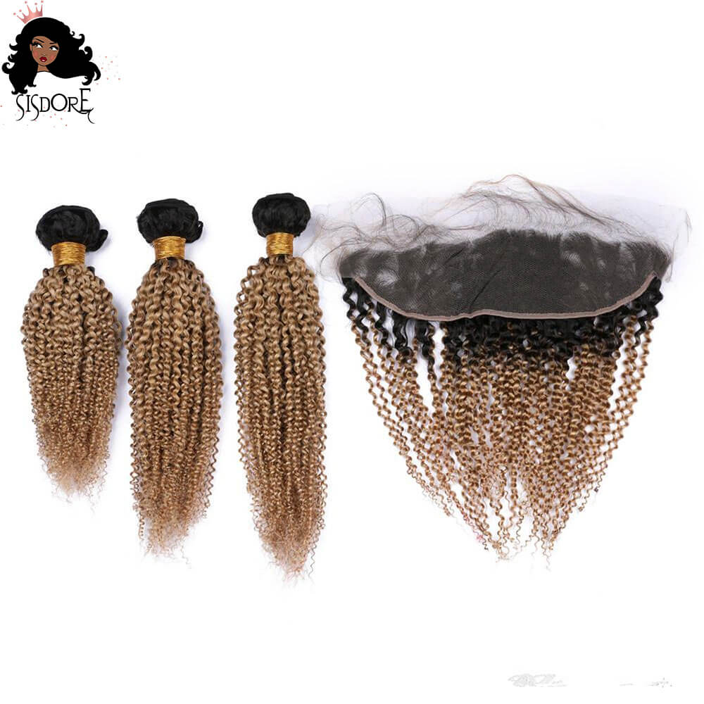 1b 27 Strawberry blonde ombre kinky curly hair bundles with frontal