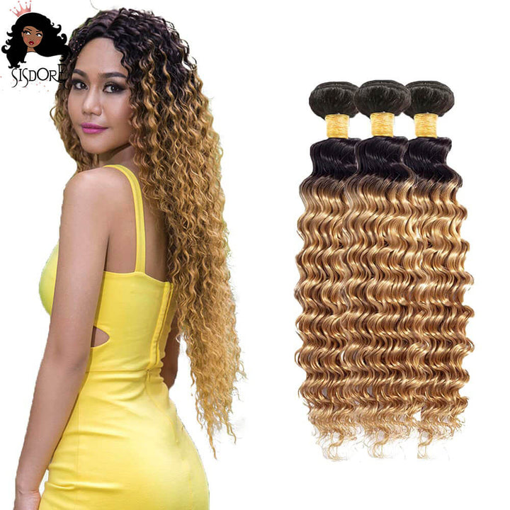 1b 27 deep wave ombree colored human hair bundles honey blonde with black roots