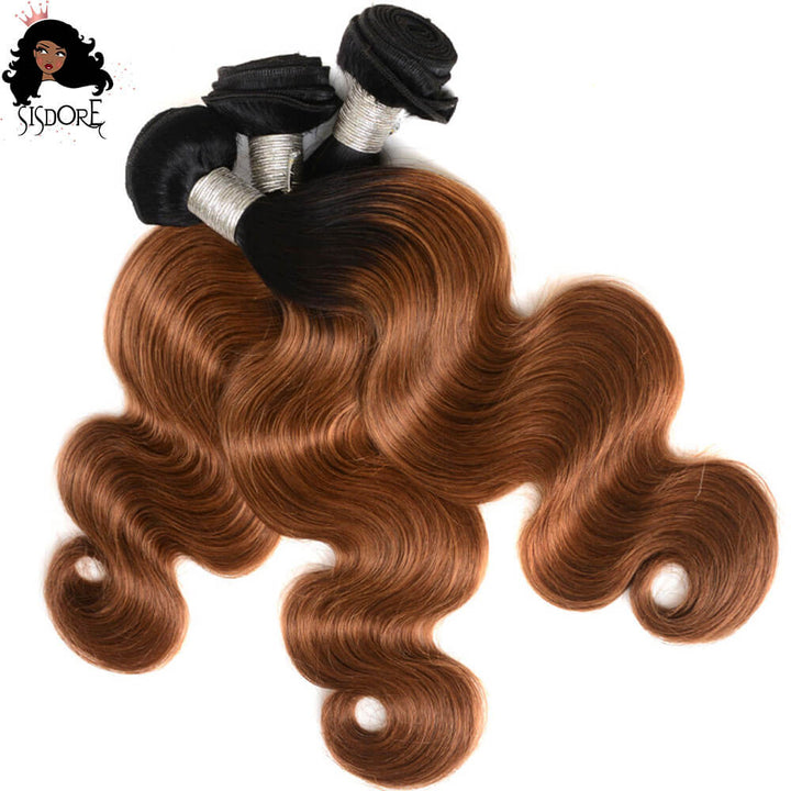 1b 30 colored body wave bundles and closure in ombre medium auburn