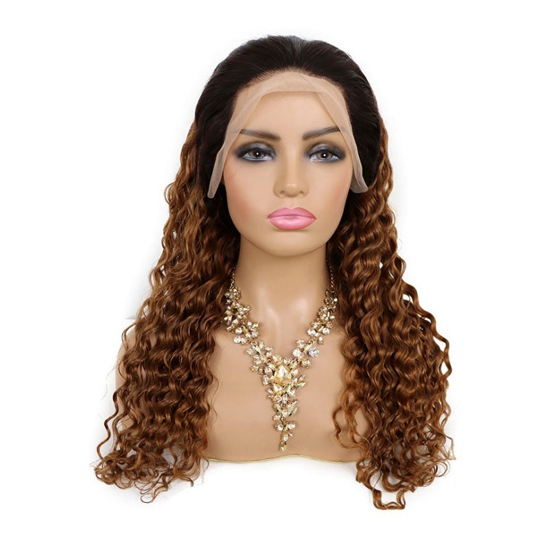 1b 30 ombre deep wave human hair wigs, medium auburn brown with black roots 13*4 lace front wig