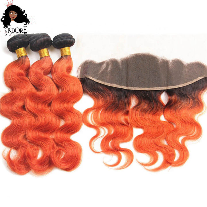 1b 350 ginger orange human hair bundles with 13x4 lace frontal