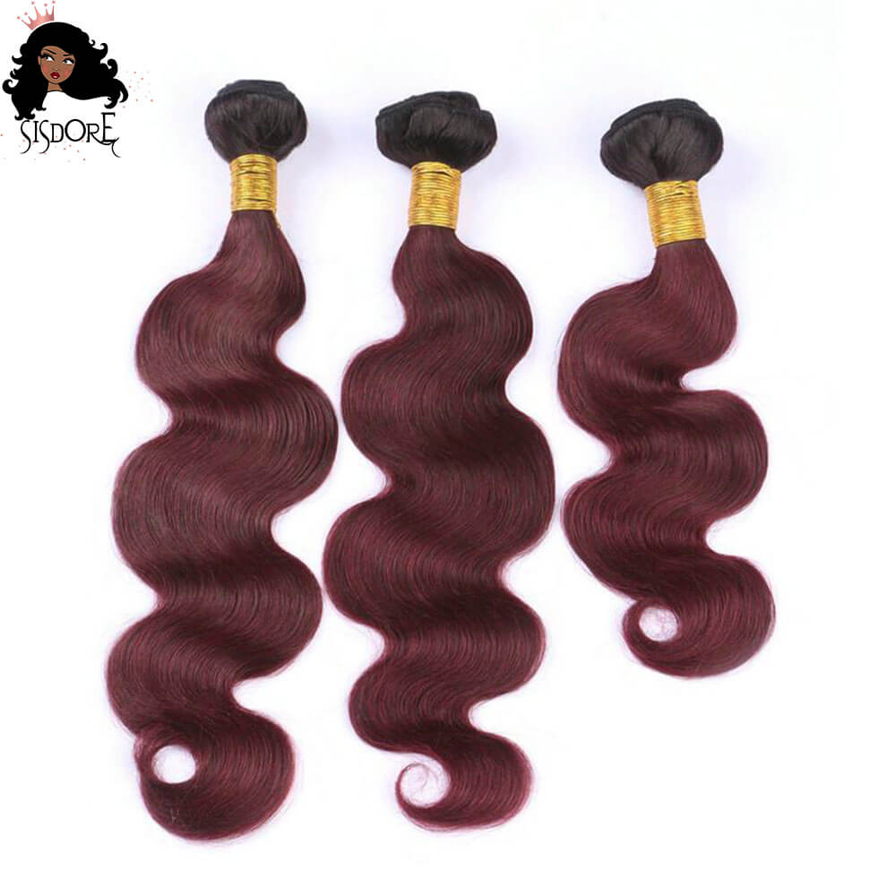 1b 99j body wave human hair bundles -Burgundy with black roots