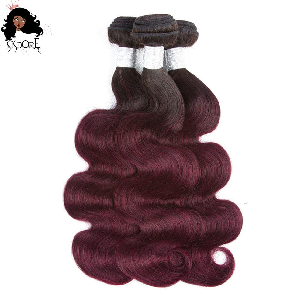 1b 99j body wave human hair weaves, ombre burgundy hair bundles with black roots