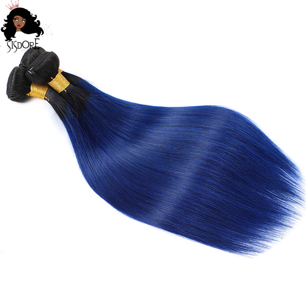 1b blue straight human hair weaves with black roots
