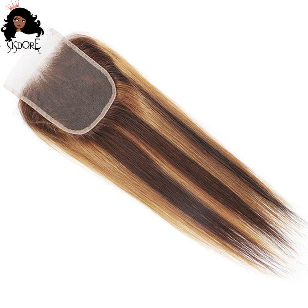 Blonde And Brown Hair Mix Highlight Piano Color Human Hair Bundles With Closure, 4 27  piano color ombre virgin hair transparent 4x4 lace closure 