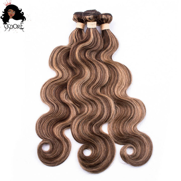 4/27 Brown with Blonde Highlight Body Wave Human Hair Weaves
