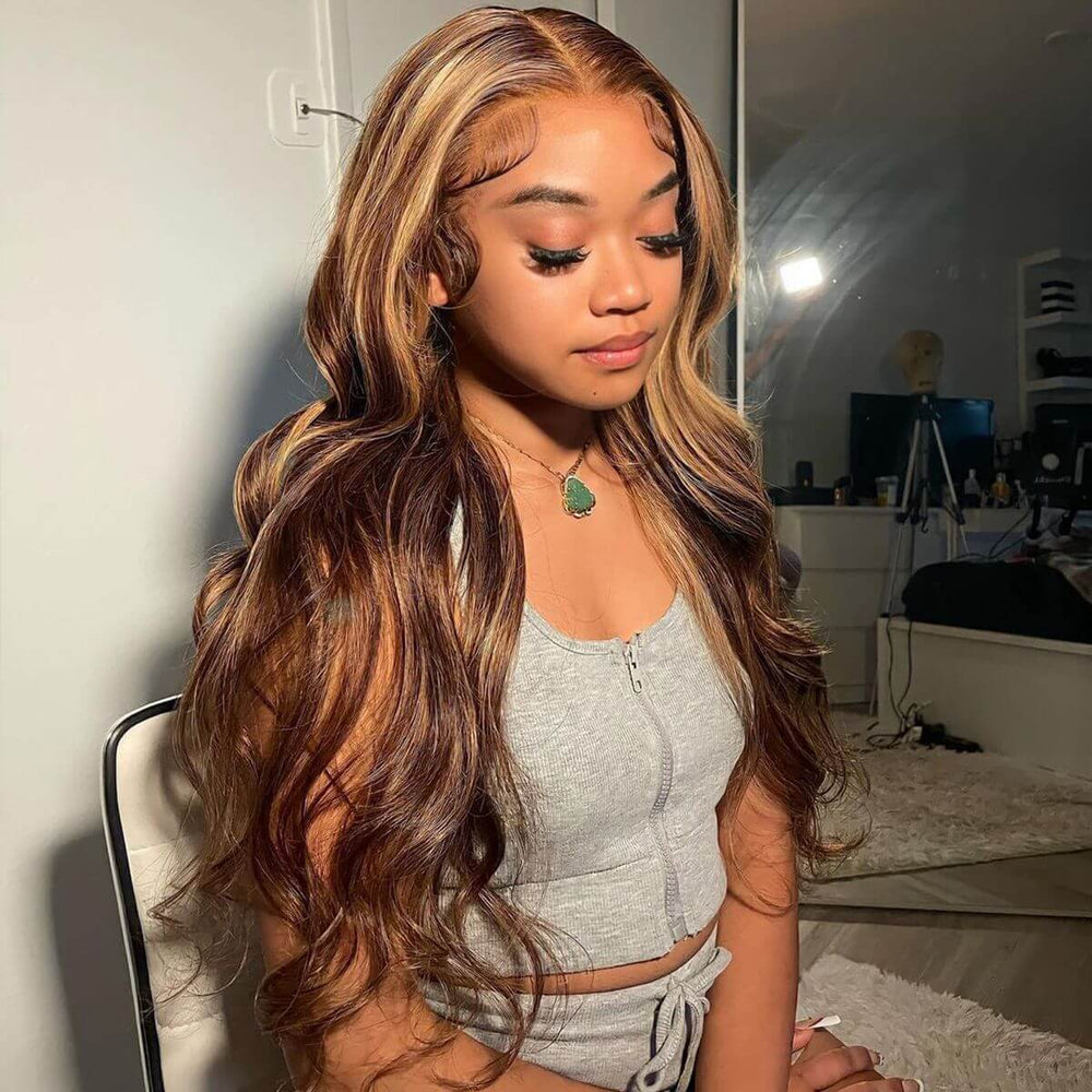 Brown and Blonde Highlight Lace Front Wig Body Wave