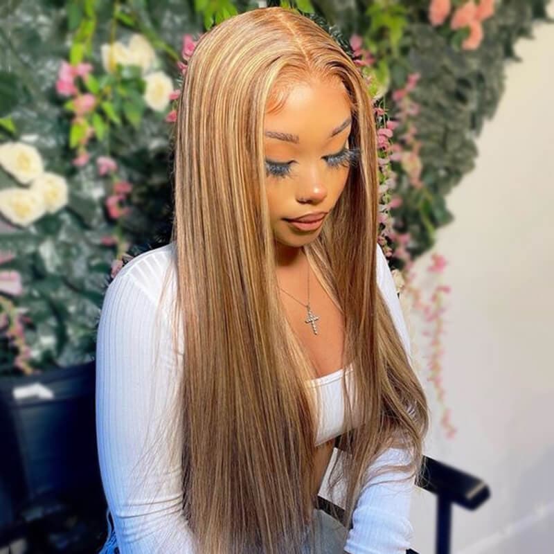 P4/27 Dark Brown Lace Front Wig with Honey Blonde Highlights