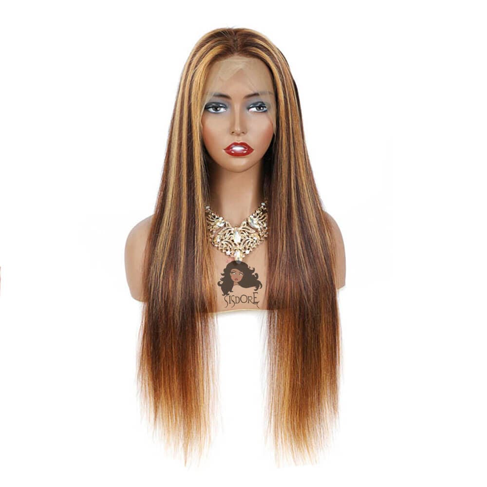 4 27 Dark Brown Straight Wig with Blonde Chunky Highlights