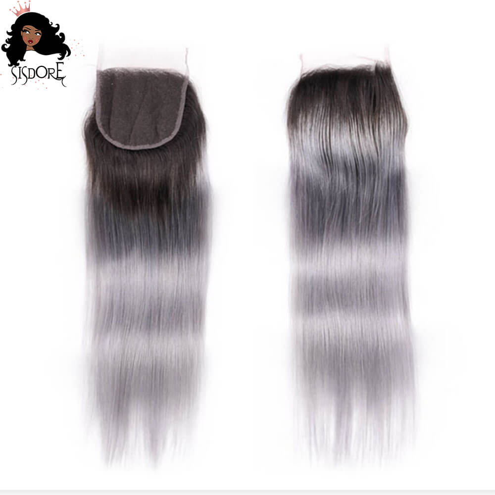 4x4 lace closure silver gray ombre straight human hair