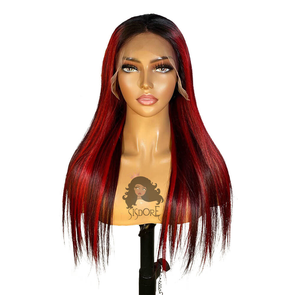99J Burgundy with Red Highlight Colored Human Hair Lace Front Wigs With Dark Roots