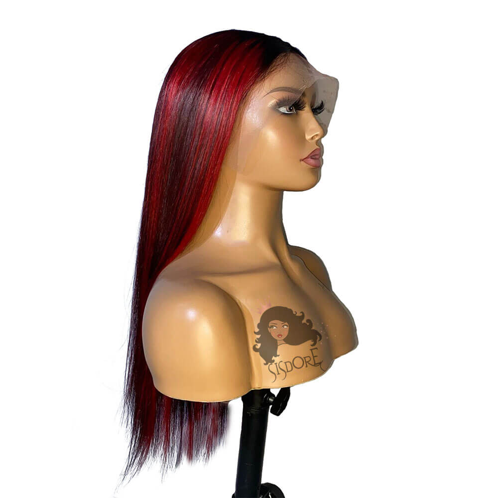 99J Burgundy with Red Highlight Colored Human Hair Lace Front Wigs With Dark Roots