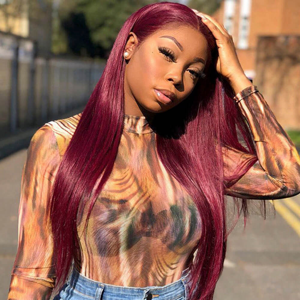99J Burgundy Straight Human Hair Lace Front Wig